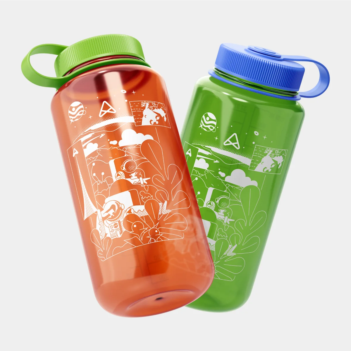 Photograph of orange and green waterbottles with a space exploration illustration printed in white
