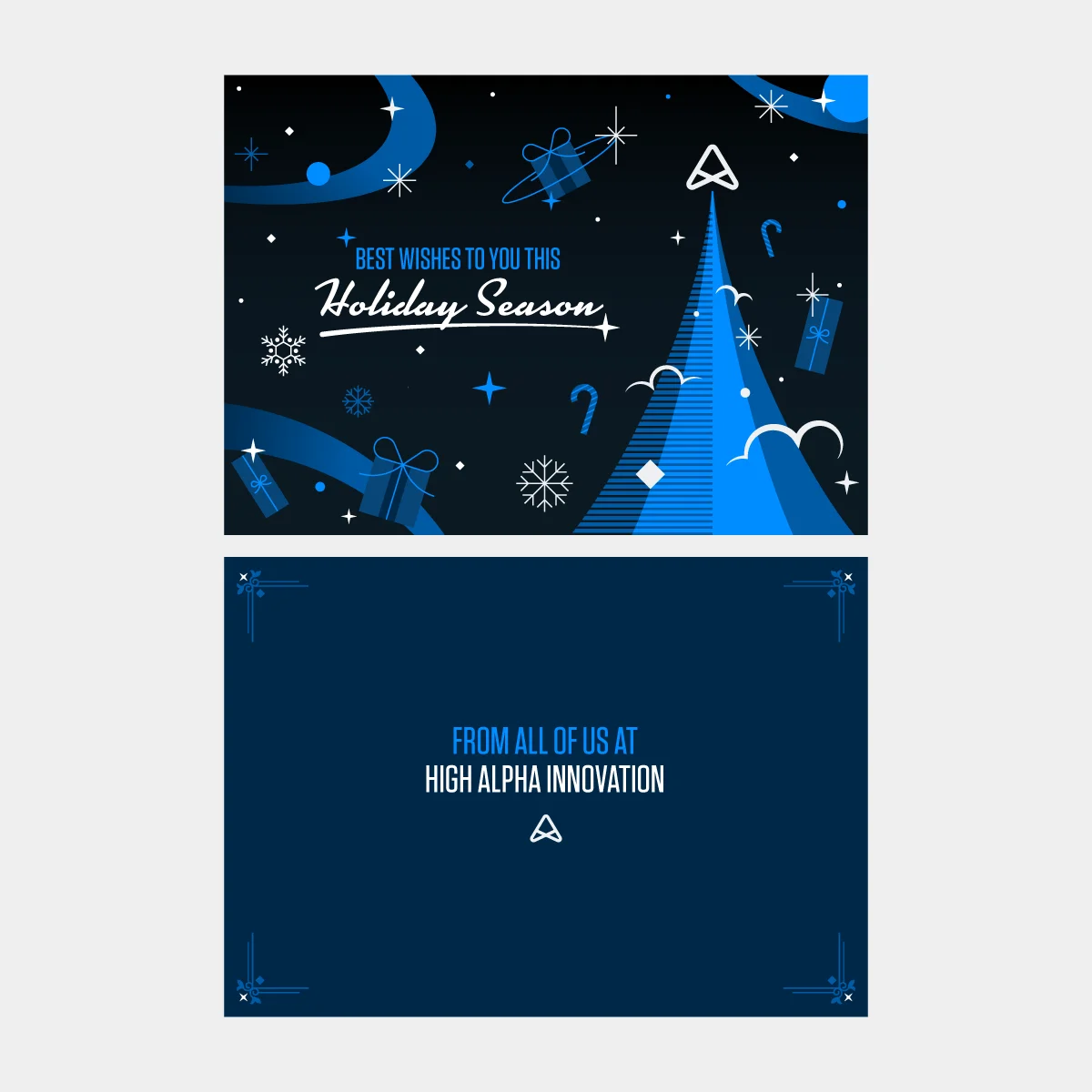 Holiday card illustration showcasing High Alpha Innovation's logo both taking flight and topping a tree