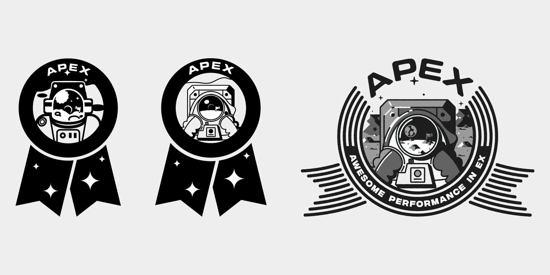 Black and white sketches showing the progression and detail of my APEX award illustration