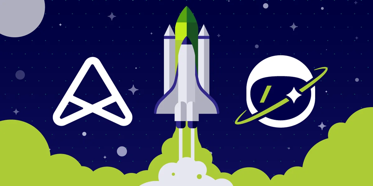 Article thumbnail illustration showing a rocket take off in the center that is flanked on either side by company logos showcasing a partnership
