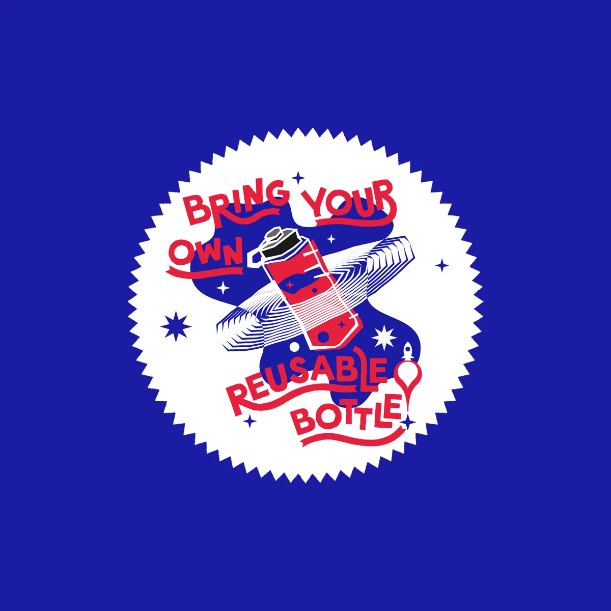 Illustration depecting a waterbottle in space surrounded by lettering that reads 